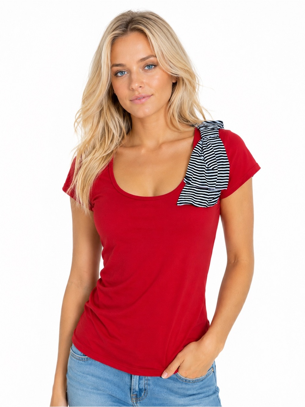Trafaluc Red Bow Shoulder Top Large Scoop Neck Short Sleeve Stretch Tee